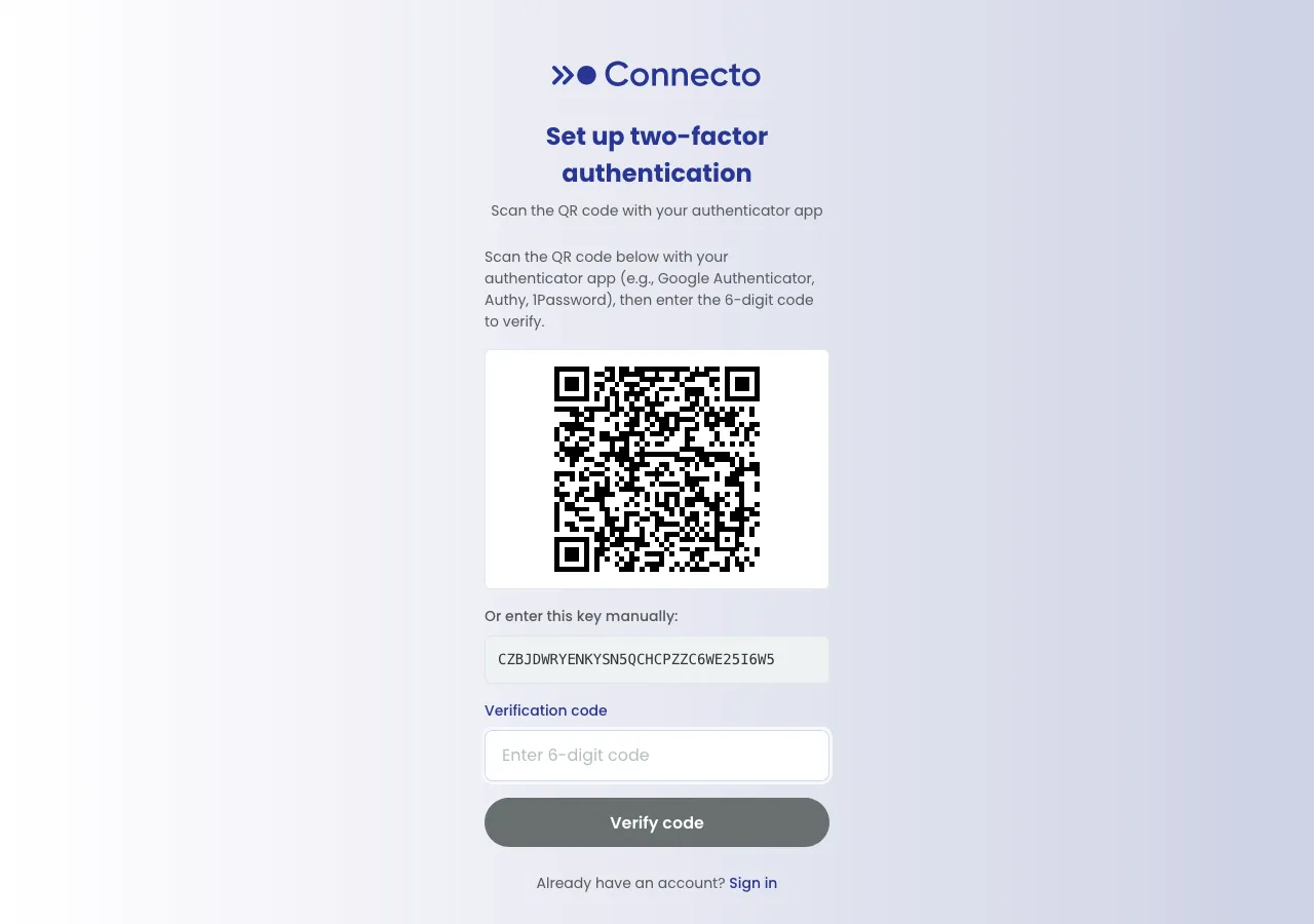 The two-factor setup screen with a QR code and a manual entry key