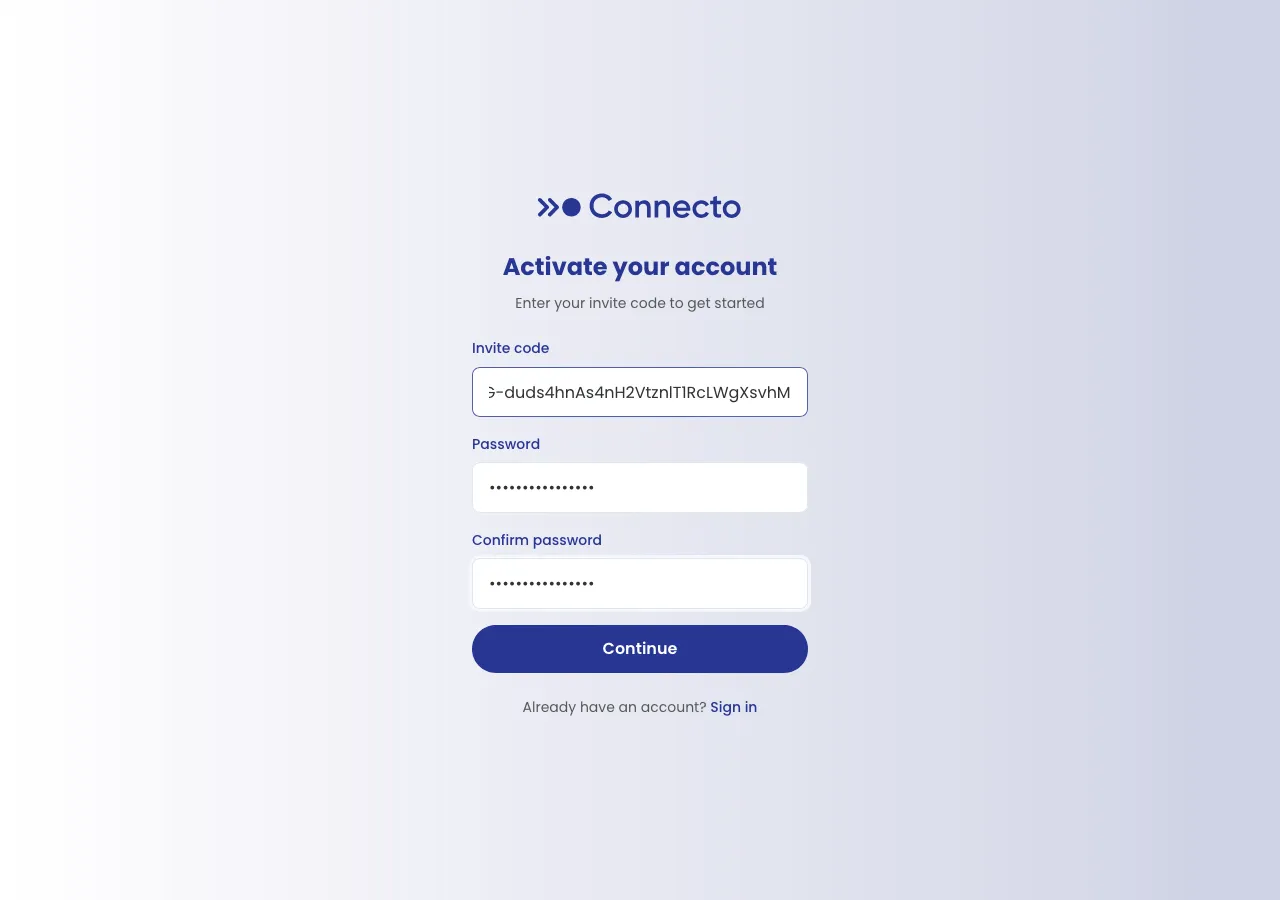The Activate your account screen with fields for invite code, password, and confirm password