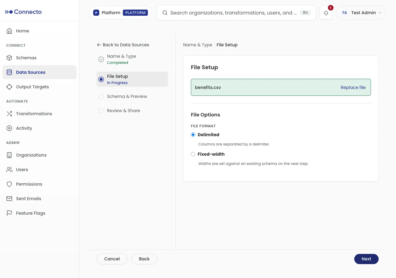 Step 2: an uploaded file with a Replace file button and File Options for the file format