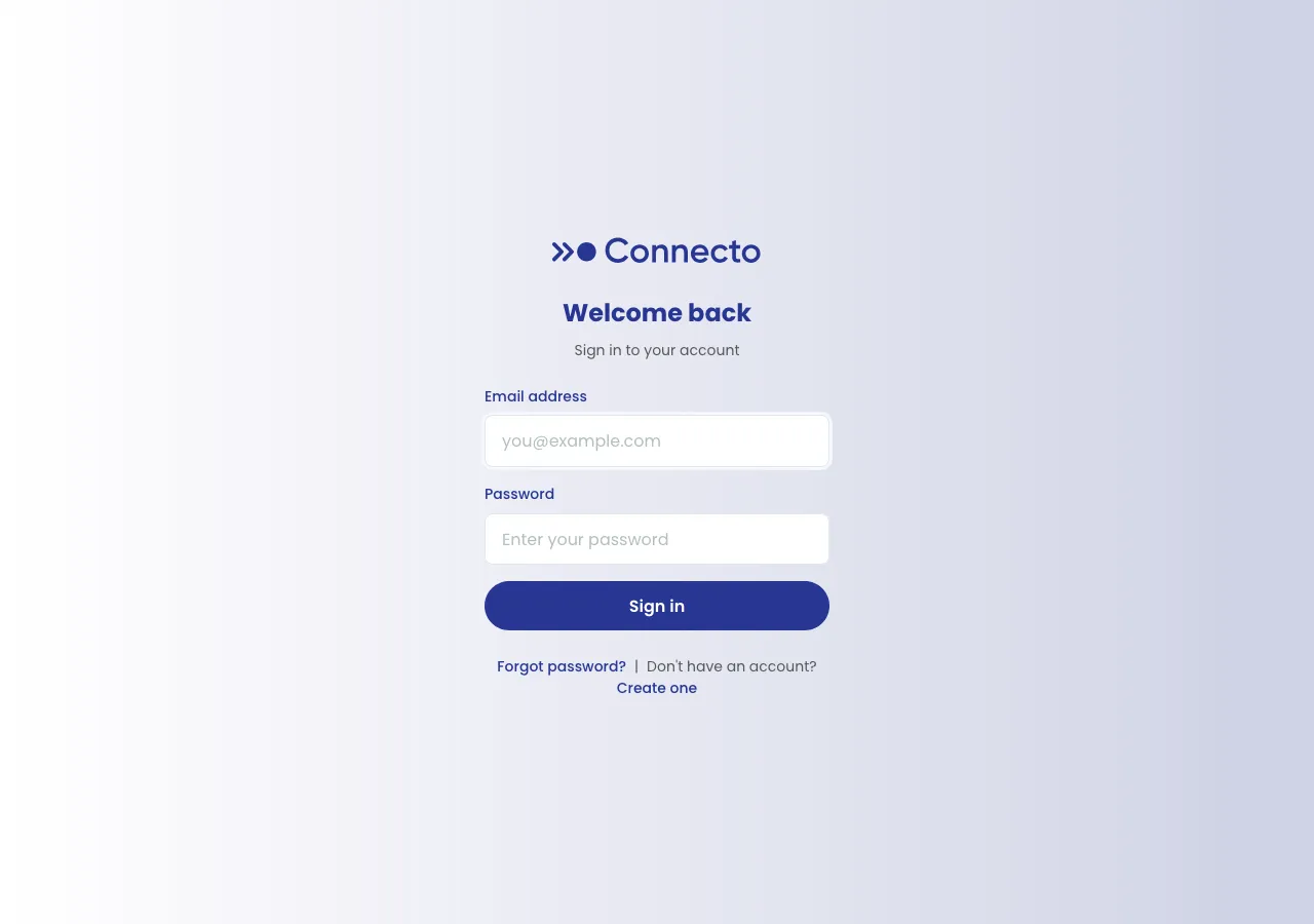 The Connecto sign-in screen headed Welcome back with email and password fields
