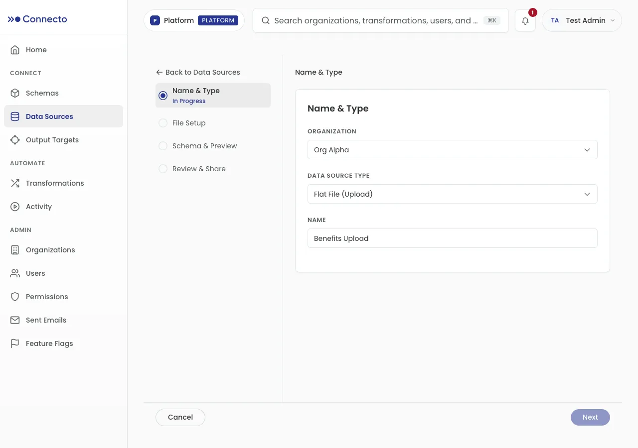 Step 1 of the wizard: Organization, Data Source Type set to Flat File (Upload), and Name