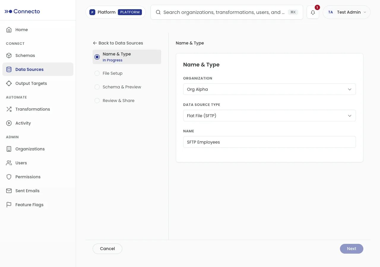Step 1 of the wizard with Data Source Type set to Flat File (SFTP)