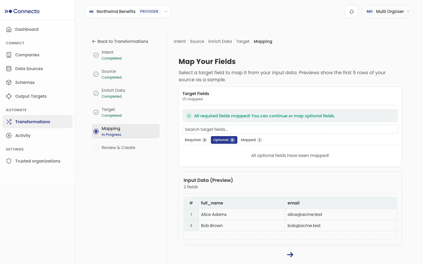 The Mapping step: a Target Fields panel with Required/Optional/Mapped tabs and an “All required fields mapped” banner, above a preview of the input rows